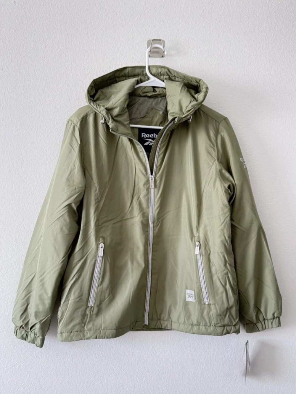 Reebok Sage Green Hooded Windbreaker Jacket Lined Insulated Small S NWT